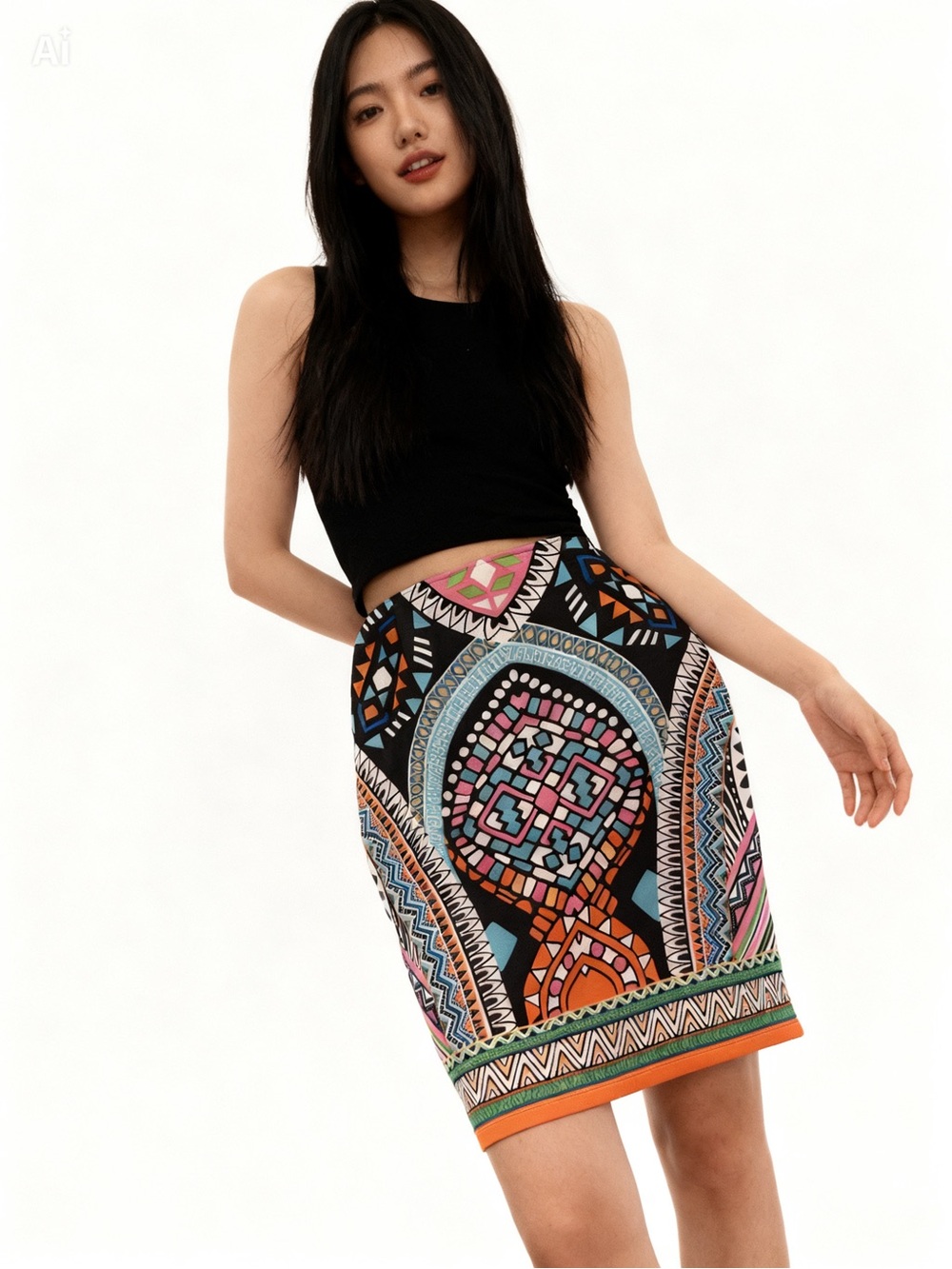 Sharagano Black Pencil Skirt with Multicolor Geometric Print